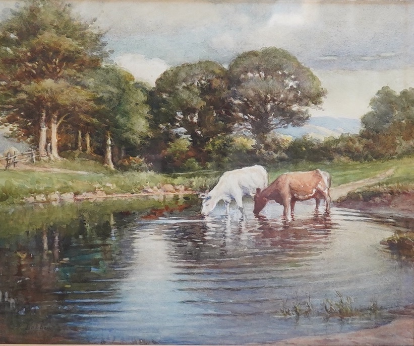 Kate Dobbin (Irish, 1868-1955), watercolour, Cattle watering, signed, 38 x 46cm. Condition - poor to fair